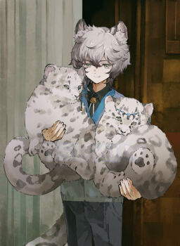1boy aged_down animal animal_ears animalization arknights bishounen black_shirt bolo_tie child chinese_commentary cliffheart_(arknights) closed_mouth collared_shirt commentary cowboy_shot fluffy green_eyes grey_hair highres holding holding_animal looking_at_viewer making-of_available male_focus official_alternate_costume pants pramanix_(arknights) shirt short_hair silverash_(arknights) silverash_(young)_(arknights) smile snow_leopard snow_leopard_boy snow_leopard_cub snow_leopard_ears snow_leopard_tail standing tail tsukihana_l