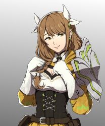 Rule 34 | 1girl, armor, belt, black belt, breasts, brown hair, cleavage, commentary, corset, duneair, fire emblem, fire emblem engage, gloves, goldmary (fire emblem), gradient background, grey background, hair ribbon, hands up, highres, long hair, long sleeves, looking at viewer, medium breasts, nintendo, pouch, ribbon, shoulder armor, smile, solo, upper body, white gloves, white ribbon, yellow eyes