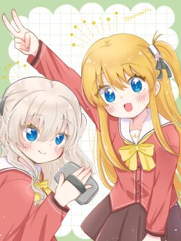 2girls :d arm_up black_ribbon blue_eyes blush border bow bowtie brown_skirt camera charlotte_(anime) closed_mouth commentary_request cowboy_shot eyes_visible_through_hair green_border grey_hair hair_between_eyes hair_ribbon hand_up highres holding holding_camera hoshinoumi_academy_school_uniform konomi_(konomi00e) long_hair long_sleeves looking_at_viewer miniskirt multiple_girls nishimori_yusa one_side_up open_mouth orange_hair outside_border pleated_skirt red_shirt ribbon sailor_collar school_uniform serafuku shirt sidelocks simple_background skirt smile straight_hair tareme tomori_nao twitter_username two_side_up upper_body v very_long_hair white_background white_sailor_collar wide-eyed yellow_bow yellow_bowtie