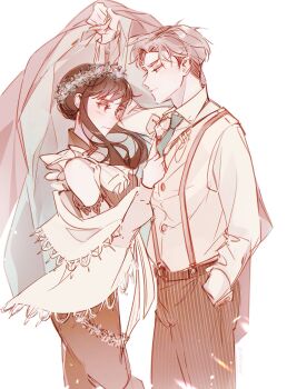 1boy 1girl black_hair blonde_hair blue_eyes blush breasts couple dress earrings gold_earrings hairband hetero highres husband_and_wife ideksams jewelry large_breasts long_hair long_sleeves red_eyes shirt short_hair sidelocks smile spy_x_family twilight_(spy_x_family) yor_briar