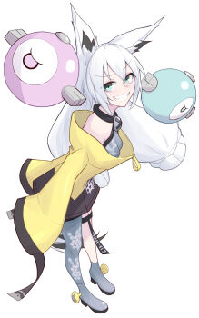 1girl ahoge animal_ear_fluff animal_ears ankle_boots aqua_eyes arched_back arms_at_sides boots breasts commentary cosplay double-parted_bangs eihire fox_ears from_side full_body gen_1_pokemon grey_boots grey_pantyhose grin hair_between_eyes halterneck hexagon_print high_heel_boots high_heels highres hololive iono_(pokemon) iono_(pokemon)_(cosplay) jacket leaning_forward long_hair long_sleeves looking_at_viewer low-tied_long_hair low_twintails magnemite multicolored_jacket nintendo pantyhose pokemon pokemon_sv sharp_teeth shirakami_fubuki sidelocks single_leg_pantyhose sleeves_past_fingers sleeves_past_wrists small_breasts smile smug solo teeth tight_clothes twintails two-tone_jacket v-shaped_eyebrows virtual_youtuber white_hair wispy_bangs yellow_jacket