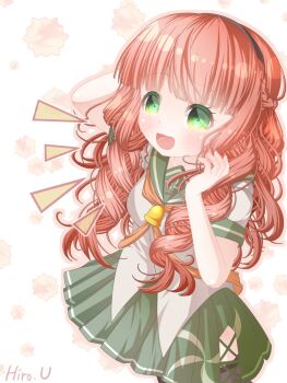 1girl black_hairband braid commentary_request cowboy_shot curly_hair de_ruyter_(kancolle) green_eyes green_sailor_collar grey_shirt grey_skirt hairband half_up_braid kantai_collection neckerchief notice_lines one-hour_drawing_challenge orange_neckerchief pleated_skirt red_hair sailor_collar school_uniform serafuku shirt skirt smile solo uraguchi_hiiro