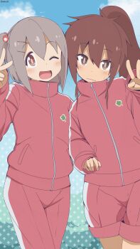 2boys ;d bambi2000line blue_sky brown_eyes brown_hair cloud commentary day grey_hair hair_between_eyes hair_ornament hairclip highres jacket light_blush long_hair long_sleeves looking_at_viewer male_focus multiple_boys one_eye_closed one_side_up onii-chan_wa_oshimai! open_mouth outdoors pants ponytail red_jacket red_pants red_shorts sakurada_yuuta senkawa_minato shorts sky smile track_jacket track_pants trap v