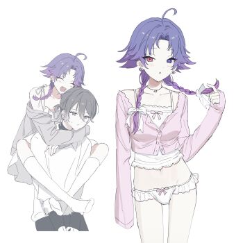 18trip 1boy 1girl :o ahoge arms_around_neck blue_eyes bow bow_panties braid buttons cardigan carrying collarbone commentary couple crop_top earrings fangs frilled_cardigan frilled_shirt frills gradient_hair grey_eyes grey_hair grey_jacket hachinoya_nagi hair_between_eyes hair_bow hetero heterochromia highres holding holding_own_hair jacket jewelry kneehighs long_hair looking_at_viewer medium_hair multicolored_hair multiple_views necklace pankajiru panties piggyback pink_cardigan pink_hair purple_hair red_eyes shirt simple_background sleeves_past_fingers sleeves_past_wrists smile socks symbol-only_commentary twin_braids underwear white_background white_bow white_panties white_shirt white_socks yowa_netaro