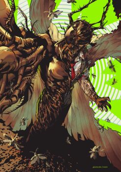 Rule 34 | 1boy, absurdres, arthropod boy, arthropod limbs, black vest, bug, cockroach, collared shirt, commentary request, compound eyes, green background, gregor (project moon), highres, insect, insect wings, limbus company, mutation, necktie, oxy (ho2), project moon, red necktie, shirt, solo, spoilers, the roach emperor, vest, white shirt, wings