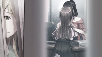 3girls black_hair blonde_hair brown_hair daigo_honoka desk floral_print floral_print_skirt game_cg hands_on_another&#039;s_shoulders implied_kiss jealous long_hair monitor multiple_girls muted_color non-web_source off-shoulder_shirt off_shoulder official_art open_mouth otori_ai paper_stack parted_lips pink_shirt pleated_skirt ponytail print_skirt red_shirt shirt skirt tachibana_nana yumeutsutsu_re:master yuri