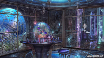 alcohol_burner aquarium aquarium_tunnel beaker book bungou_to_alchemist clock copyright_notice fish fish_tank flask indoors industrial_pipe jar jellyfish lamp light_bulb machine no_humans official_art open_book railing round-bottom_flask scenery siphon stool table test_tube test_tube_rack underwater