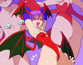 1girl armpits arms_behind_head arms_up ass bat_wings blue_gloves breasts censored clothing_cutout covered_navel cowboy_shot cutout_above_navel darkstalkers diamond_cutout elbow_gloves fang gloves head_wings highres jitome leotard lilith_(darkstalkers) looking_at_viewer low_wings multiple_views novelty_censor nude open_mouth presenting_armpit purple_background purple_hair red_eyes red_leotard shaded_face short_hair simple_background small_breasts smile smug standing strapless strapless_leotard werfmight wings