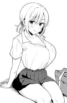1girl bag blush breasts cleavage hair_ribbon highres huge_breasts looking_at_viewer medium_hair monochrome original ribbon sena_(yue_show-ei) short_shirt sitting skirt smile solo tagme thighs twintails uniform white_background yue_(show-ei)