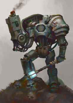 arm_cannon bolter dual_wielding full_body glowing glowing_eyes highres holding humanoid_robot men_of_iron nikita_kapitunov no_humans robot rock skull stun_baton warhammer_40k weapon