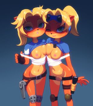2girls belt blonde_hair breast_press breasts clone clothes_lift coco_bandicoot convenient_censoring crash_bandicoot_(series) flashlight furry goggles green_eyes kempferzero multiple_girls navel nipples one_eye_closed shirt_lift tool_belt tools