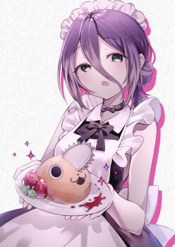 1girl absurdres alternate_costume apron black_dress black_ribbon chainsaw_man character-themed_food dress enmaided fei_cha food fruit green_eyes hair_between_eyes highres maid maid_apron maid_headdress pochita_(chainsaw_man) purple_hair reze_(chainsaw_man) ribbon sleeveless sleeveless_dress solo strawberry white_apron