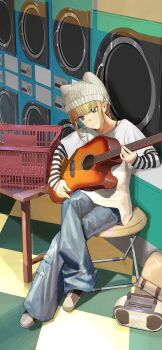 Rule 34 | 1girl, absurdres, basasyu, basket, beanie, blonde hair, blue eyes, blue pants, blunt bangs, blush, boombox, chair, checkered floor, closed mouth, commentary request, crossed legs, denim, full body, grey shoes, guitar, hat, highres, holding, holding guitar, holding instrument, indoors, instrument, jeans, laundromat, music, original, pants, playing guitar, playing instrument, shirt, shoes, sidelocks, sitting, smile, striped sleeves, table, washing machine, white hat, white shirt, window shadow