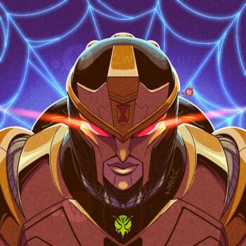1girl artist_name beast_wars blackarachnia commentary english_commentary glowing glowing_eyes insignia mecha no_humans official_art portrait predacon red_eyes robot science_fiction solo transformers watermark winston_chan