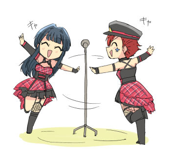 Rule 34 | 2girls, ^ ^, black hair, black hat, bloody beat (idolmaster), closed eyes, commentary request, deformed, dress, facial mark, hat, idolmaster, idolmaster million live!, idolmaster million live! theater days, julia (idolmaster), long hair, microphone stand, mogami shizuka, multiple girls, official alternate costume, open mouth, plaid clothes, plaid dress, red dress, red hair, running, short hair, simple background, smile, standing, star (symbol), star facial mark, triangle mouth, tsubobot, white background