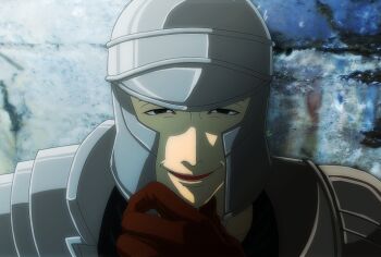 1boy armor black_eyes brown_gloves commentary_request dark_souls_(series) dark_souls_ii empty_eyes gloves helmet looking_at_viewer male_focus mild_mannered_pate open_mouth pauldrons shoulder_armor smile solo suou_yuuchi textless_version upper_body