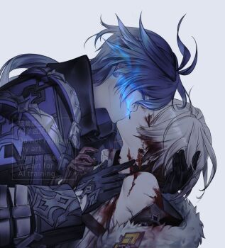 Rule 34 | 2boys, ahoge, antenna hair, bare shoulders, black coat, black gloves, blood, blood on face, blood on neck, blood on shoulder, blood stain, blue hair, closed eyes, coat, commentary request, earrings, flins (genshin impact), fur-trimmed coat, fur trim, genshin impact, gloves, grey background, grey hair, hand on another's head, illuga (genshin impact), incoming kiss, jewelry, long hair, male focus, multiple boys, silver trim, single earring, soyo2ng, watermark, yaoi