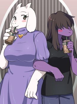2girls arms_locked black_hair blush blush_stickers breasts brown_eyes brown_hair coffee colored_skin deltarune dress drinking eyelashes furry hair_over_eyes highres horns jewelry long_hair multiple_girls necklace pants purple_skin shirt smile susie_(deltarune) toriel undertale utdr_(toby_fox) yamane512 yuri