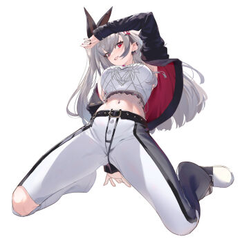 1girl asymmetrical_hair belt black_belt black_bow black_jacket black_nails black_pants black_shoes blush bow breasts chain commentary crop_top cropped_shirt crown_hair_ornament earclip full_body grey_hair hair_bow hair_ornament highres hololive hololive_dev_is isaki_riona isaki_riona_(1st_costume) jacket knee_cutout kneeling lace lace-trimmed_shirt lace_trim large_breasts lipstick long_hair long_sleeves looking_at_viewer makeup midriff multicolored_jacket multicolored_nails multicolored_shoes murechika nail_polish navel navel_piercing pants parted_lips piercing red_eyes red_jacket red_lips red_nails shirt shoes side_ponytail simple_background single_off_shoulder smile solo spiked_ear_piercing spread_legs two-sided_fabric two-sided_jacket two-tone_jacket two-tone_pants two-tone_shoes virtual_youtuber white_background white_pants white_shirt white_shoes
