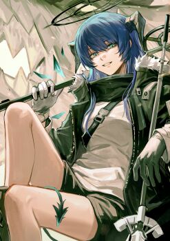 Rule 34 | 1girl, absurdres, aqua eyes, arknights, black halo, black horns, black jacket, black shorts, blue hair, breasts, chinese commentary, commentary request, deatiose, demon horns, detached wings, energy wings, fur-trimmed jacket, fur trim, gloves, grin, halo, highres, holding, holding staff, horns, jacket, knee up, long sleeves, looking at viewer, medium breasts, mostima (arknights), open clothes, open jacket, shirt, short hair with long locks, shorts, smile, solo, staff, tail, white gloves, white jacket, white shirt, wings