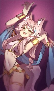 1girl :d absurdres ahoge animal_ear_fluff animal_ears armlet armpits arms_up blush bracelet breasts cat_ears cat_girl cat_tail commentary dancer drill_hair drill_ponytail english_commentary green_eyes hair_ornament hairclip highres brown_egyptian_cat-eared_loli_(trend) jewelry long_hair looking_at_viewer navel open_mouth original pelvic_curtain pink_hair ponytail sidelocks sketchy_guy01 small_breasts smile solo stomach tail teeth thighhighs upper_teeth_only white_thighhighs