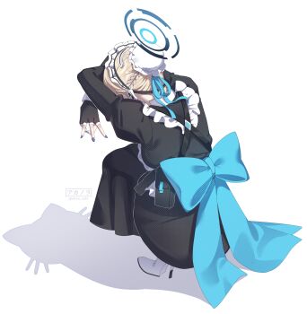 Rule 34 | 1girl, absurdres, akanora, apron, black dress, black gloves, blonde hair, blue archive, blue halo, blue nails, blue ribbon, boots, braid, breasts, bun cover, cat shadow puppet (meme), different shadow, double w, dress, fingerless gloves, from behind, gloves, hair bun, hair ribbon, hairband, half up braid, halo, high heel boots, high heels, highres, juliet sleeves, long sleeves, maid, maid apron, maid headdress, medium breasts, meme, puffy sleeves, ribbon, shadow, shadow puppet, shoes, solo, squatting, toki (blue archive), w, white apron, white hairband, white shoes