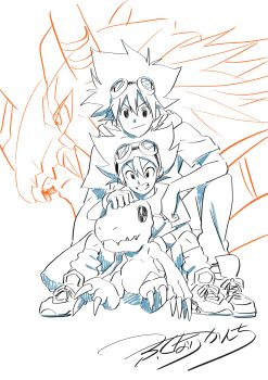 Rule 34 | 3boys, absurdres, agumon, agumon -yuki no kizuna-, digimon, digimon (creature), digimon adventure, digimon adventure: last evolution kizuna, evolutionary line, fukunari kanchi, full body, goggles, goggles on head, group picture, helmet, highres, horns, lineart, male focus, medium hair, multiple boys, short hair, simple background, time paradox, white background