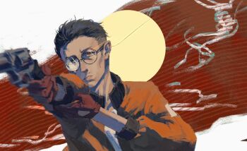 Rule 34 | 1boy, black hair, bomber jacket, buzz cut, disco elysium, facial hair, glasses, gloves, gun, handgun, highres, holding, holding gun, holding weapon, jacket, jidianfan, kim kitsuragi, male focus, mustache stubble, orange eyes, orange gloves, orange jacket, painterly, parted lips, round eyewear, serious, shirt, short hair, solo, stubble, sun behind head, upper body, very short hair, weapon, white shirt