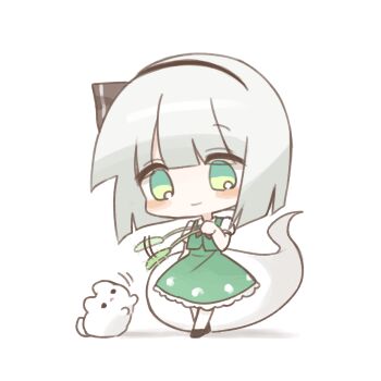 Rule 34 | 1girl, black hairband, blush, cat, cat teaser, chibi, chibi only, closed mouth, commentary, commission, full body, green skirt, green vest, grey hair, hairband, highres, hitodama, holding, holding cat teaser, konpaku youmu, konpaku youmu (ghost), pixiv commission, pudding (skymint 028), shirt, simple background, skirt, skirt set, smile, solo, touhou, vest, white background, white shirt