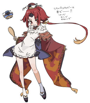 Rule 34 | 1girl, absurdres, apron, beni-enma, bird, fate/grand order, fate (series), feather trim, full body, highres, kaigan0211, long hair, low ponytail, ponytail, red eyes, red hair, shamoji, smile, white apron, white background, wide sleeves