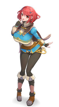 1girl absurdres alternate_costume breasts cosplay crossover fingerless_gloves full_body gloves gonzarez highres large_breasts monolith_soft nintendo princess_zelda princess_zelda_(cosplay) pyra_(xenoblade) red_eyes red_hair short_hair the_legend_of_zelda the_legend_of_zelda:_breath_of_the_wild xenoblade_chronicles_(series) xenoblade_chronicles_2