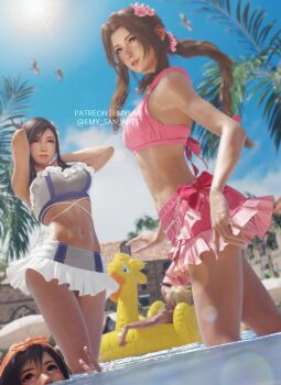 1boy 3d 3girls aerith_gainsborough aerith_gainsborough_(pink_mermaid) arms_behind_head beach bikini bikini_skirt black_hair blonde_hair blue_sky brown_hair chocobo cloud_strife cloud_strife_(wild_surf) costa_del_sol emy-san final_fantasy final_fantasy_vii final_fantasy_vii_rebirth final_fantasy_vii_remake frilled_bikini frills hairband highres innertube looking_at_viewer miniskirt multiple_girls official_alternate_costume official_alternate_hairstyle orange_hairband palm_tree partially_submerged pink_bikini skirt sky smile swim_ring swimsuit tifa_lockhart tifa_lockhart_(shining_spirit) tree v water white_bikini yuffie_kisaragi yuffie_kisaragi_(summer_orange)