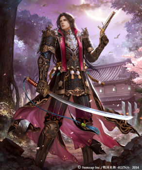 1boy antique_firearm bird black_coat black_eyes black_hair blunderbuss boots character_request cherry_blossoms closed_mouth coat commentary_request firearm gauntlets gun highres holding holding_gun holding_sword holding_weapon katana kdash male_focus official_art outdoors sengoku_enbu_-kizna- shrine solo standing sword tree upper_body weapon