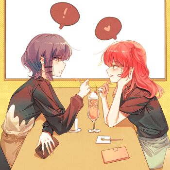 ! 2girls :q black_shirt blush bocchi_the_rock! canis428 cellphone cherry drinking_straw eye_contact food food_on_face from_side fruit hair_ornament hairclip heart highres holding holding_drinking_straw holding_phone ice_cream ice_cream_float ice_cream_spoon kita_ikuyo looking_at_another medium_hair multiple_girls one_side_up phone profile purple_hair red_hair shared_drink shirt short_hair sitting smartphone smartphone_case spoken_exclamation_mark spoken_heart spoon tongue tongue_out yamada_ryo yuri