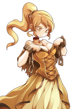 1girl :/ beanpaste blonde_hair blood blush breasts chain cleavage closed_mouth collarbone colored_eyelashes corset cuffs disembodied_head female_focus floating_head frills gem highres jewelry katarina_(the_incredible_adventures_of_van_helsing) long_hair looking_down medium_breasts necklace ponytail severed_head shackles shirt shirt_tug simple_background skirt sleeveless sleeveless_shirt solo the_incredible_adventures_of_van_helsing white_background yellow_eyes yellow_skirt