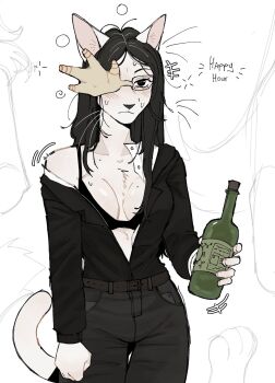 1girl animal_ears belt black_eyes black_hair bra breasts cat_ears cat_girl collarbone coral_glasses ena:_dream_bbq ena_(series) english_text furry furry_female glasses highres holding jacket long_hair raccoattack simple_background solo standing tail underwear white_background