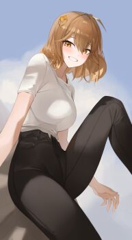 1girl absurdres ahoge alternate_costume anis_(nikke) black_pants bllus breasts brown_eyes brown_hair cat_hair_ornament commentary_request from_below goddess_of_victory:_nikke gradient_background grin hair_ornament high-waist_pants highres large_breasts medium_hair pants shirt short_sleeves simple_background sitting smile solo white_shirt