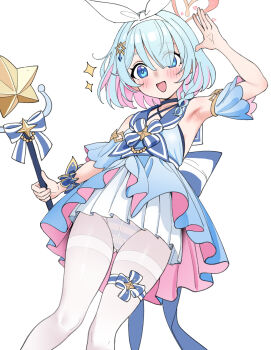 :d arm_up armpit_focus armpits arona_(blue_archive) blue_archive blue_eyes blue_hair colored_inner_hair commentary_request hair_ornament hairband halo heart heart_halo highres holding holding_wand leg_up light_blush looking_at_viewer magical_girl multicolored_hair open_mouth panties pantyhose rong_hui short_hair smile star_(symbol) striped_clothes striped_panties underwear wand white_hairband white_pantyhose