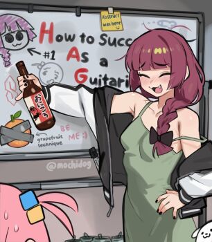 2girls artist_name black_bow black_jacket black_nails blunt_bangs blush bocchi_the_rock! bottle bow braid breasts closed_eyes collarbone cool_s cube_hair_ornament dress english_text fang gotoh_hitori green_dress hair_bow hair_ornament highres hiroi_kikuri holding holding_bottle jacket long_hair long_sleeves mochidog multiple_girls open_mouth pink_hair red_hair single_braid small_breasts smile sticky_note twitter_username whiteboard