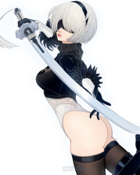 1girl 2b_(nier:automata) ass black_gloves black_hairband black_thighhighs blindfold breasts closed_mouth covered_eyes feather-trimmed_sleeves from_side gloves grey_hair hairband hand_up highleg highleg_leotard highres holding holding_sword holding_weapon leotard medium_breasts mitsuki_nite mole mole_under_mouth nier:automata nier_(series) outstretched_arm short_hair simple_background solo sword tassel thighhighs thong_leotard twitter_username virtuous_contract weapon white_background white_leotard