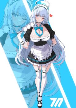 1girl absurdres apron asuna_(blue_archive) asuna_(blue_archive)_(cosplay) black_dress black_shoes blue_archive blunt_bangs blush breasts choker cleavage cosplay dress duster frilled_apron frilled_skirt frills gloves grey_hair halo hazaky highres holding holding_duster large_breasts long_hair looking_at_viewer maid maid_apron maid_headdress mechanical_halo noa_(blue_archive) one_eye_closed puffy_short_sleeves puffy_sleeves purple_eyes shoes short_sleeves skirt smile solo thighhighs very_long_hair white_gloves white_halo white_thighhighs