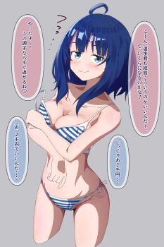 1girl absurdres bikini bikini_pull blue_eyes blue_hair blush breasts cleavage clothes_pull crossed_arms highres japanese_text large_breasts legs looking_at_viewer make_heroine_ga_oo_sugiru! medium_hair pulling_own_clothes seductive_gaze seductive_smile side-tie_bikini_bottom smile solo swimsuit teasing thighs translation_request undressing yanami_anna