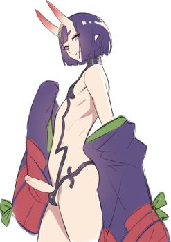 1boy bare_shoulders black_fundoshi bob_cut cowboy_shot erection eyeliner fate/grand_order fate_(series) fundoshi genderswap genderswap_(ftm) headpiece highres horns japanese_clothes kimono looking_at_viewer makeup male_focus mokotoko9 oni open_clothes open_kimono penis purple_eyes purple_hair purple_kimono revealing_clothes short_eyebrows short_hair shuten_douji_(fate) simple_background skin-covered_horns smile solo trap white_background