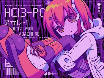 1girl a.i._voice adachi_rei barcode black_sweater character_name commentary dot_nose english_commentary english_text gloves hair_ornament hairclip headlamp highres hood hood_down hoodie hugging_own_legs korean_text lens_eye looking_at_viewer open_mouth orange_eyes orange_hair orange_ribbon orange_shoes orange_trim pocket purple_background ramdaram ribbon shoes sitting solo sweater turtleneck turtleneck_sweater utau white_gloves white_hoodie white_ribbon