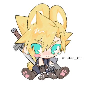 1boy animal_ears aqua_eyes arm_support armor belt between_legs black_pants black_sweater blonde_hair blush_stickers brown_belt buster_aoi buster_sword chibi chibi_only cloud_strife earrings final_fantasy final_fantasy_vii final_fantasy_vii_remake full_body hand_between_legs hands_on_ground jewelry kemonomimi_mode looking_to_the_side male_focus pants pauldrons paw_shoes rabbit_boy rabbit_ears rabbit_tail serious short_hair shoulder_armor simple_background single_pauldron sitting sleeveless sleeveless_sweater solo spiked_hair stud_earrings sweater sword sword_on_back tail twitter_username weapon weapon_on_back white_background