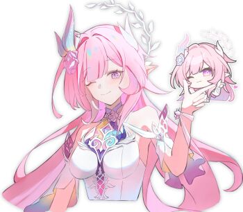 1girl cyrene_(honkai:_star_rail) cyrene_(ripples_of_past_reverie)_(honkai:_star_rail) diamond-shaped_pupils diamond_(shape) dress flower hair_flower hair_ornament highres honkai:_star_rail honkai_(series) pink_hair pointy_ears purple_eyes purple_flower purple_rose rose sh1r4tama simple_background solo symbol-shaped_pupils upper_body white_background white_dress