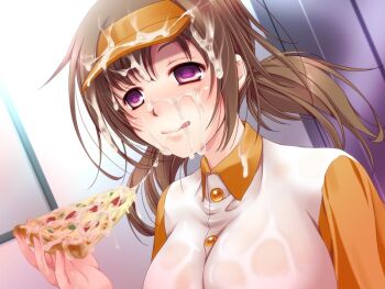 Rule 34 | 1girl, artist request, blush, breasts, cum, cum on body, cum on food, cum on hair, cum on upper body, cumdrip, facial, gokkun, hair ornament, happy, indoors, large breasts, short hair