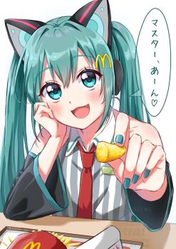 Rule 34 | 1girl, animal ear headphones, animal ears, aqua eyes, aqua hair, aqua nails, azuma rui, bag, bare shoulders, black pantyhose, cat ear headphones, cat ears, collarbone, commentary request, detached sleeves, fake animal ears, fingernails, food, french fries, hair between eyes, hair ornament, hatsune miku, headphones, highres, holding, holding food, incoming food, long hair, long sleeves, looking at viewer, mcdonald's, nail polish, necktie, open mouth, pantyhose, red necktie, shakacat, shake shake fries, shirt, simple background, sleeveless, solo, striped clothes, striped shirt, translation request, twintails, very long hair, vocaloid, white background