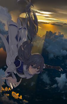 1girl absurdres black_gloves black_hair blue_eyes chinese_clothes closed_mouth cloud cloudy_sky fingerless_gloves fu_hua fu_hua_(azure_empyrea) fu_hua_(taixuan_impression) gloves hair_between_eyes hashtag-only_commentary highres honkai_(series) honkai_impact_3rd long_hair looking_at_viewer outdoors shirt single_glove skavenprime sky solo sunset white_shirt