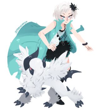 Rule 34 | 1girl, absol, aqua eyes, aqua jacket, artist name, black boots, black flower, black skirt, blush, boots, bracelet, bright pupils, claws, closed mouth, commentary, crossover, english commentary, eyelashes, fan request, flower, gen 3 pokemon, hair flower, hair ornament, hand on own hip, horns, jacket, jewelry, joypandaah, kyokugen dasshutsu, kyokugen dasshutsu adv: zennin shibou desu, mega absol, mega pokemon, mega ring, necklace, nintendo, open clothes, open jacket, phi (kyokugen dasshutsu), pokemon, pokemon (creature), red eyes, shirt, short hair, simple background, single horn, skirt, sleeveless, sleeveless jacket, sleeveless shirt, smile, tumblr ask, white background, white hair, white pupils, white shirt, wings